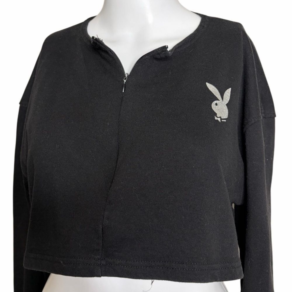 Missguided PLAYBOY Black Zip-Up Crop Top Size 2